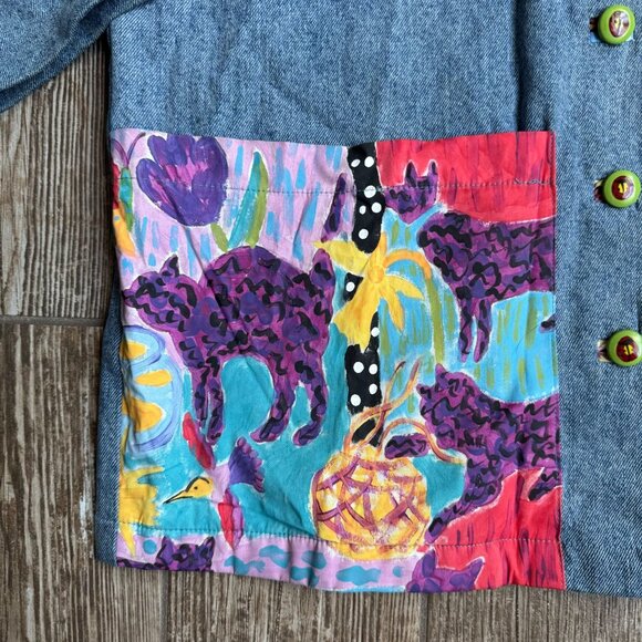 Silkscapes Jean Jacket Handpainted Cat Womens Vintage Artsy Patchwork Oversized - Picture 5 of 8